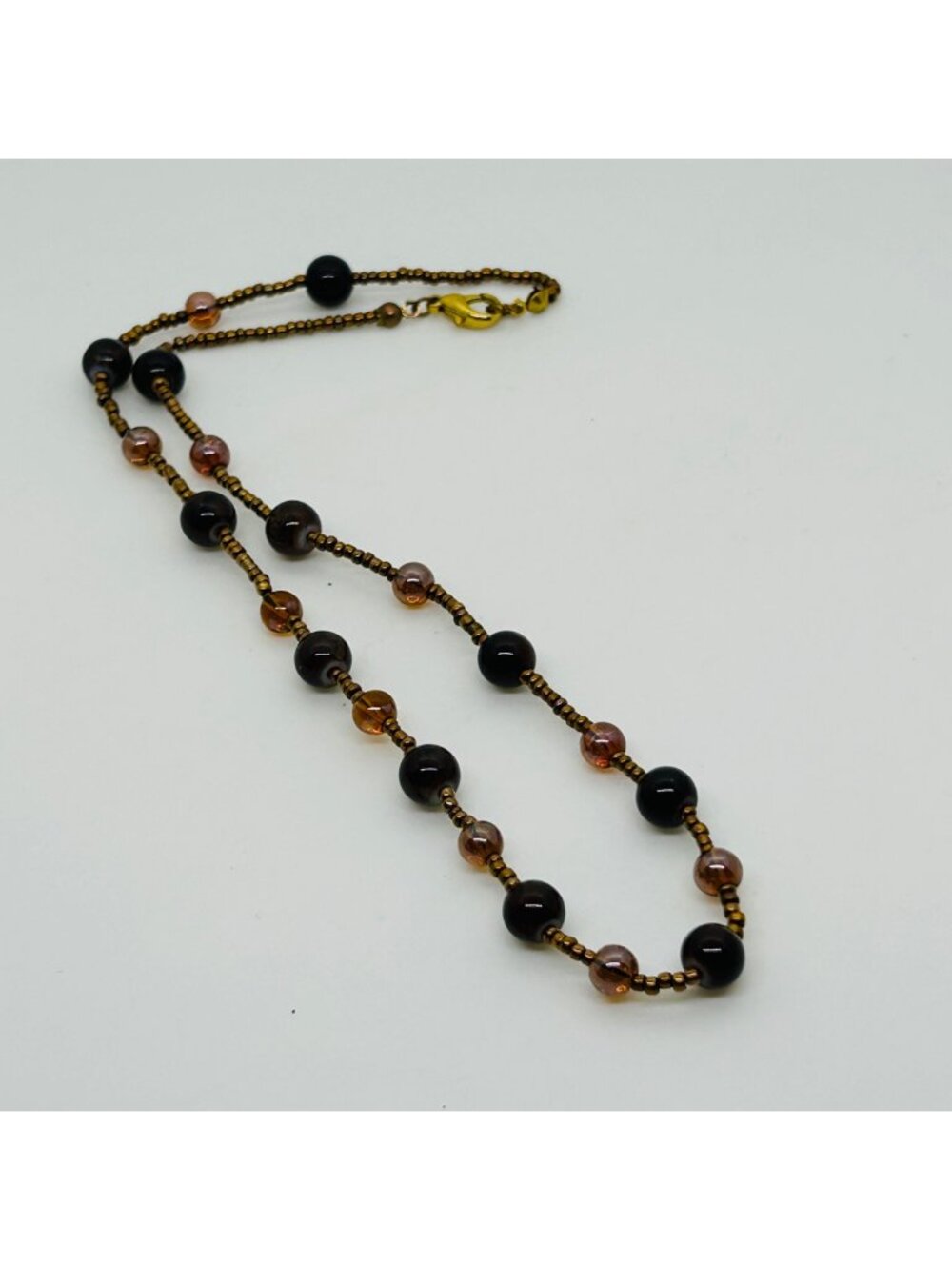 Beaded Necklace Strand Round Brown Swirl Glass Bead Gold Tone Lobster Clasp